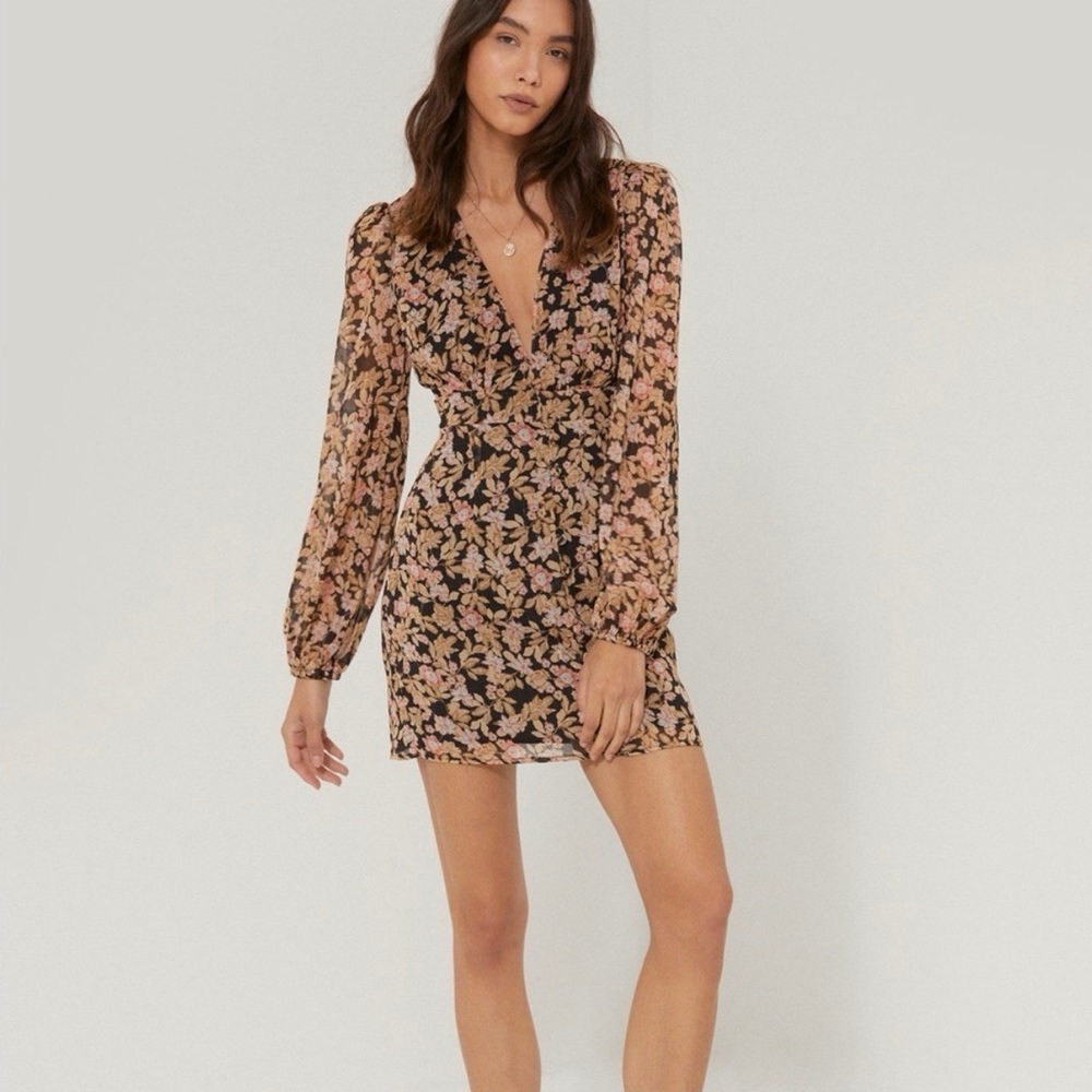 Nasty Gal Black and Pink Floral Long Sleeve Dress